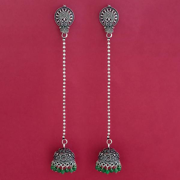 Jeweljunk Green Beads Oxidised Plated Chain Jhumki Earrings - 1309374F