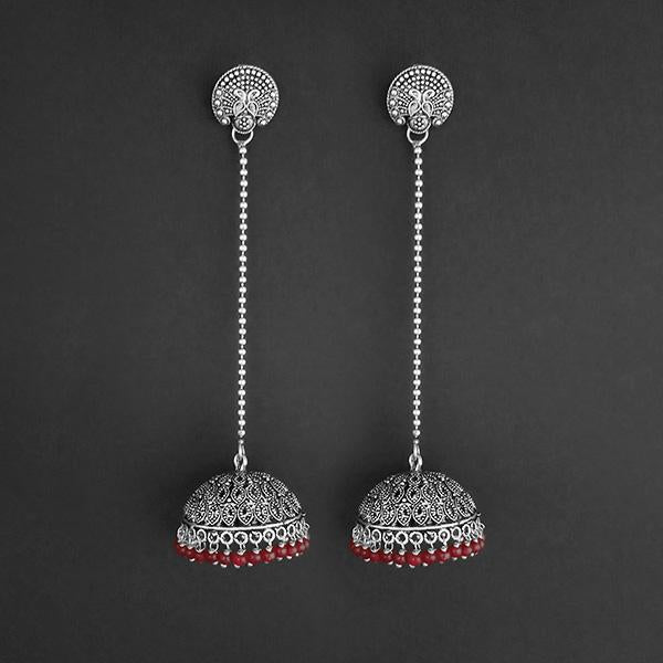 Jeweljunk Red Beads Hanging Jhumki Oxidised Earrings - 1309375D