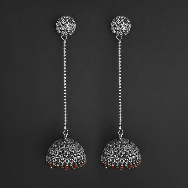 Jeweljunk Maroon And Green Beads Hanging Jhumki Oxidised Earrings - 1309375F