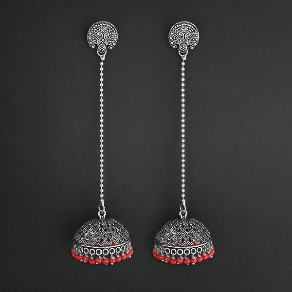 Jeweljunk Red Beads Hanging Jhumki Oxidised Earrings - 1309375H