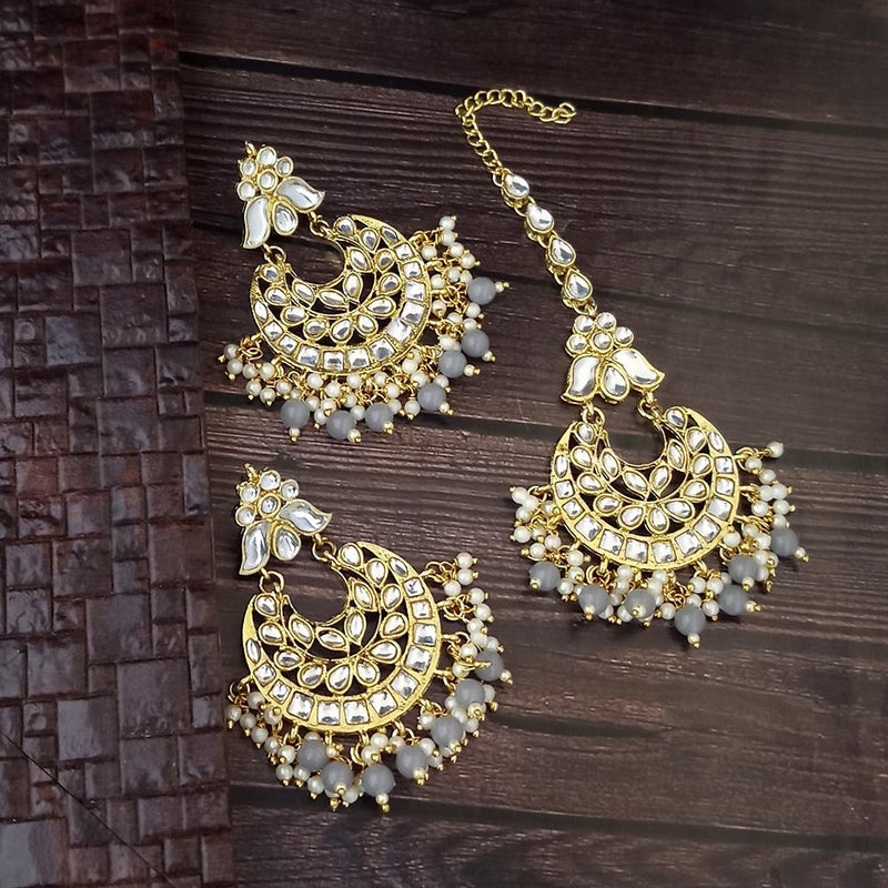 Kriaa Gold Plated Grey Beads And Kundan Earrings With Maang Tikka - 1309532K