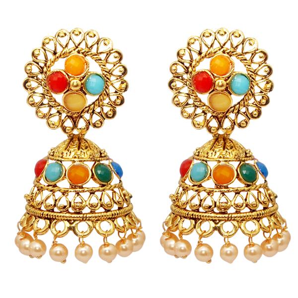 Kriaa Gold Plated Stone Kundan Navrang Jhumki Earrings - 1309808