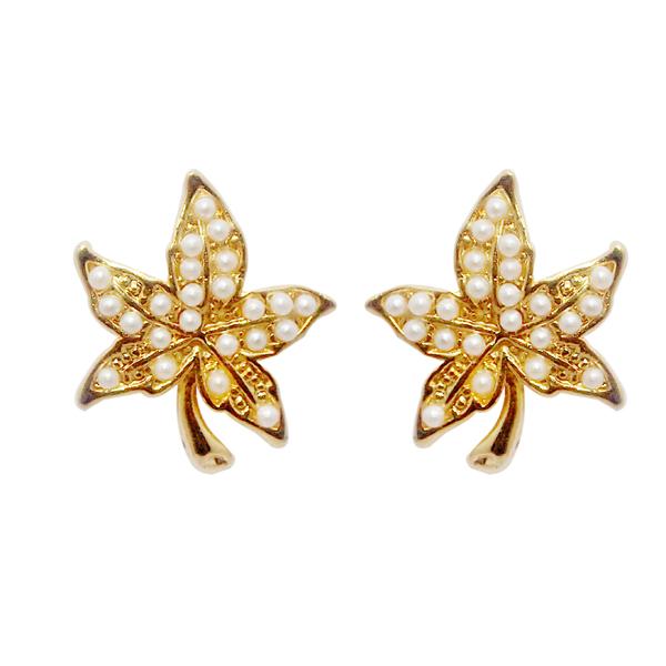 Urbana White Pearl Gold Plated Leaf Design Stud Earrings - 1310025