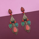 Kriaa Gold Plated Maroon And Green Austrian Stone Dangler Earrings - 1310307