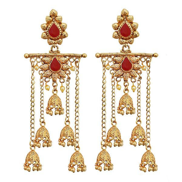 Kriaa Red Pota Stone Gold Plated Dangler Earrings - 1310557