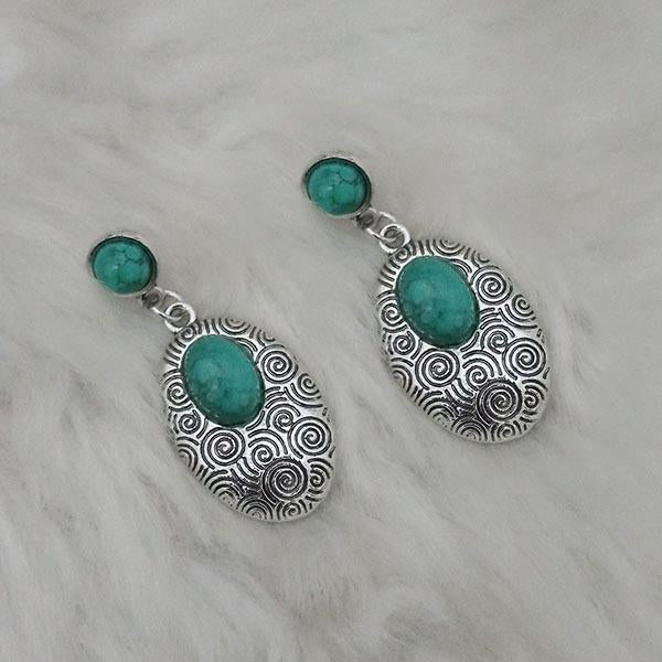 Kriaa Green Stone Rhodium Plated Dangler Earrings - 1310836B