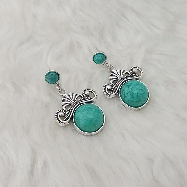 Kriaa Turquoise Stone Rhodium Plated Dangler Earrings - 1310852D