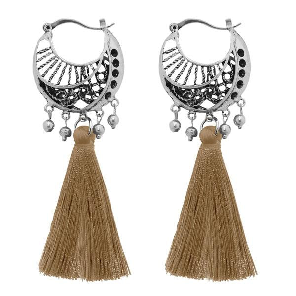 Jeweljunk Brown Thread Rhodium Plated Tassel Earrings - 1310954E