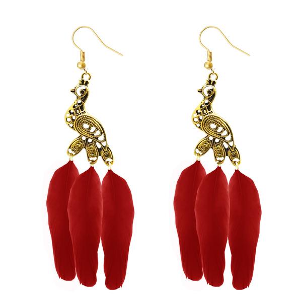 Jeweljunk Gold Plated Red Peacock Feather Earrings - 1310959C