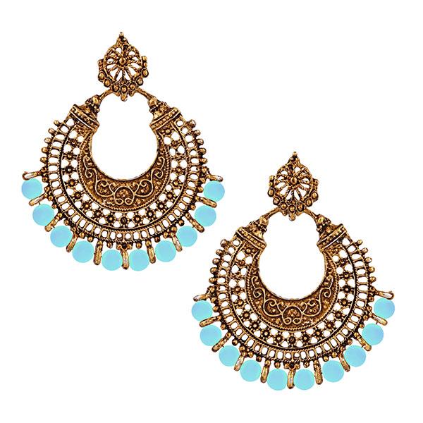 Jeweljunk Blue Beads Antique Gold Plated Afghani Earrings - 1311022O