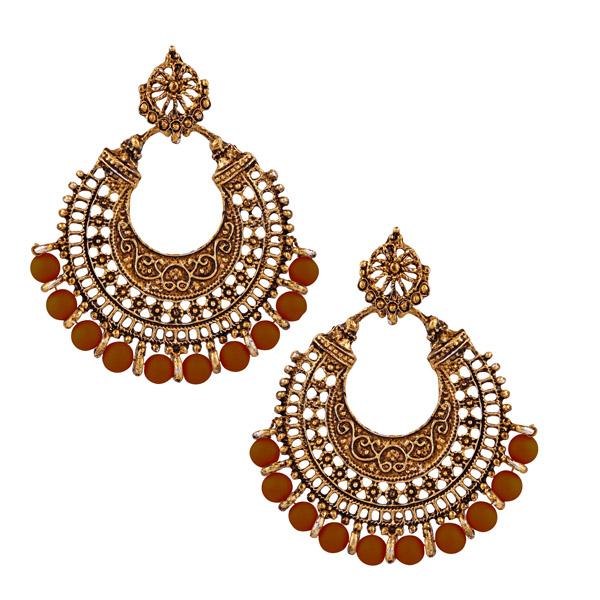 Tip Top Fashions Brown Beads Antique Gold Plated Afghani Earrings - 1311022R
