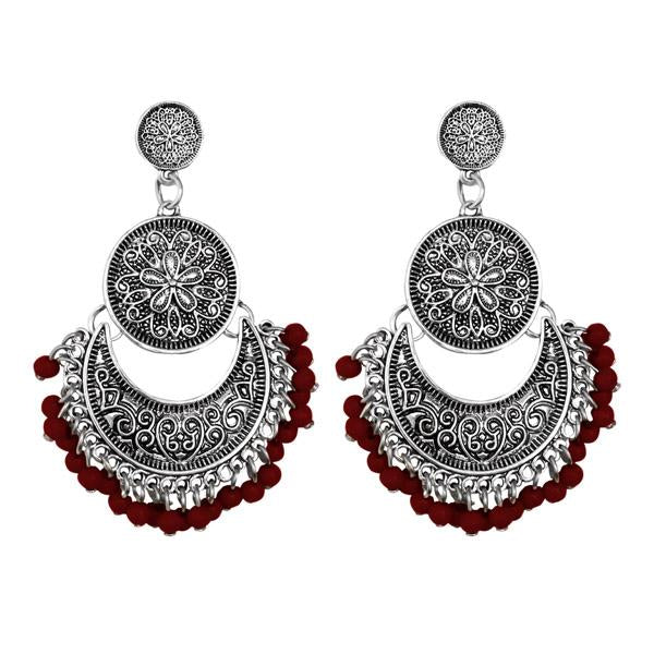 Jeweljunk Silver Plated Maroon Beads Afghani Earrings - 1311043I