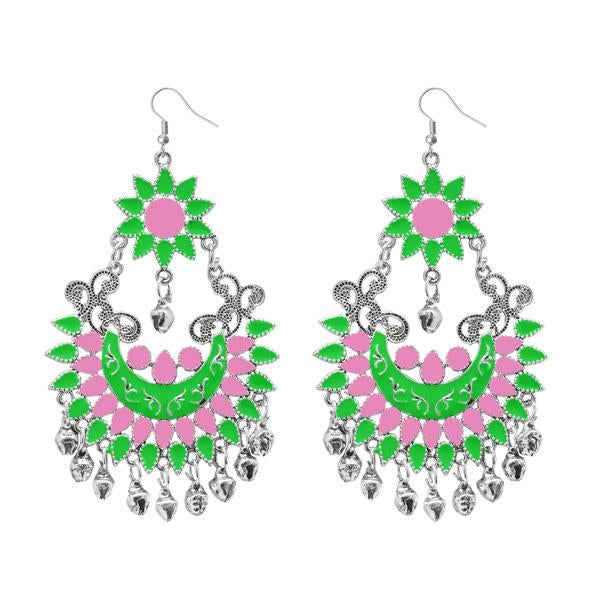 Tip Top Fashions Green Meenakari Silver Plated Afghani Earrings - 1311055A