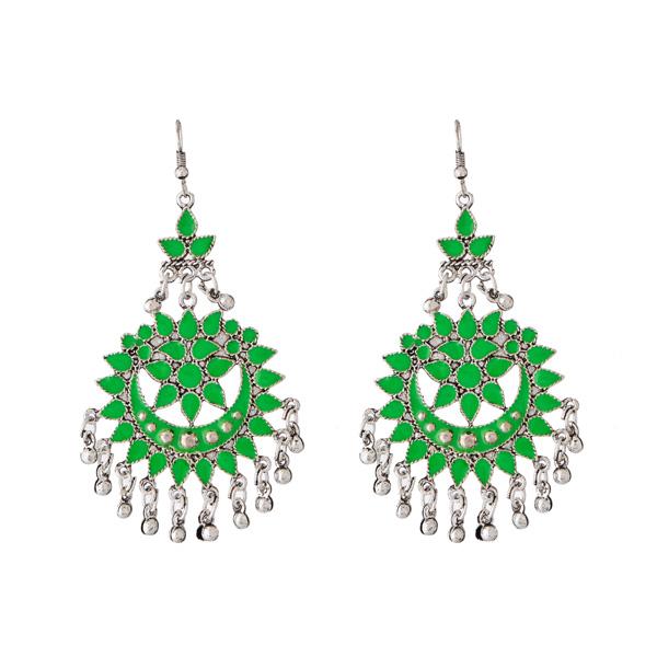Jeweljunk Green Meenakari Silver Plated Afghani Earrings - 1311069B