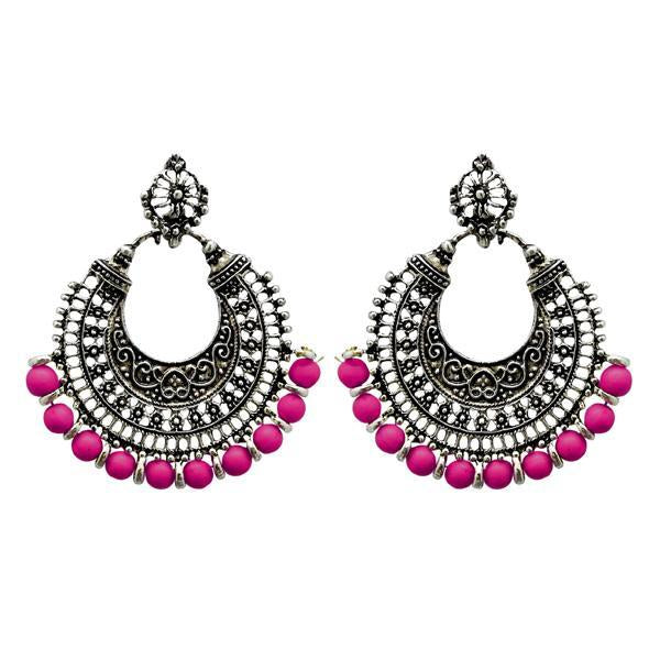 Jeweljunk Pink Beads Rhodium Plated Afghani Earrings - 1311073C