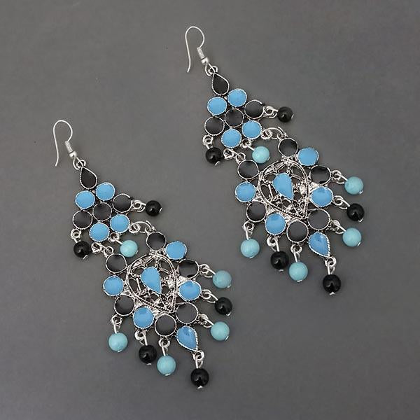 Jeweljunk Silver Plated Blue Meenakari Bead Afghani Earrings - 1311088