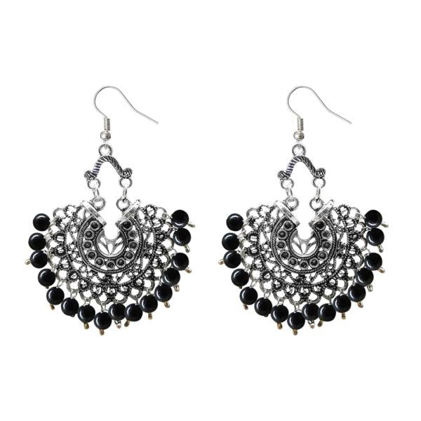 Jeweljunk Black Beads Rhodium Plated Afghani Earrings - 1311208G