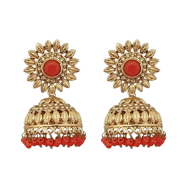 Kriaa Orange Beads Gold Plated Jhumki Earrings - 1311328A