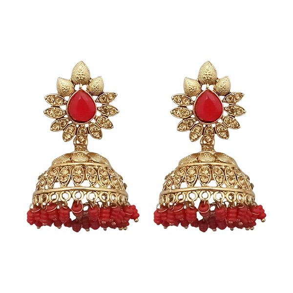 Kriaa Red Beads Gold Plated Jhumki Earrings - 1311348B