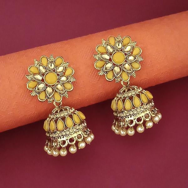 Kriaa Gold Plated Yellow Kundan Jhumki Earrings - 1311352E