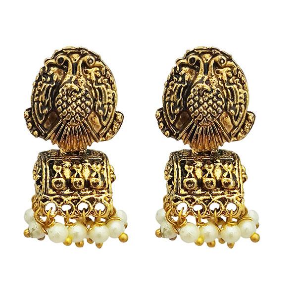Kriaa Antique Gold Plated Beads White Jhumki Earrings - 1311526A