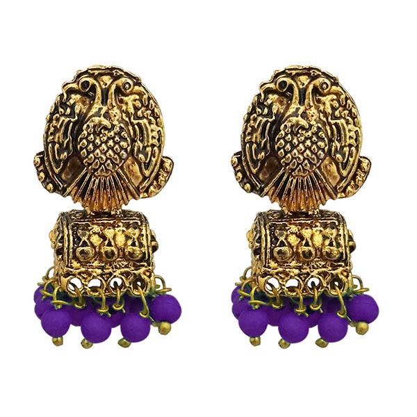 Kriaa Antique Gold Plated Beads Purple Jhumki Earrings - 1311526B