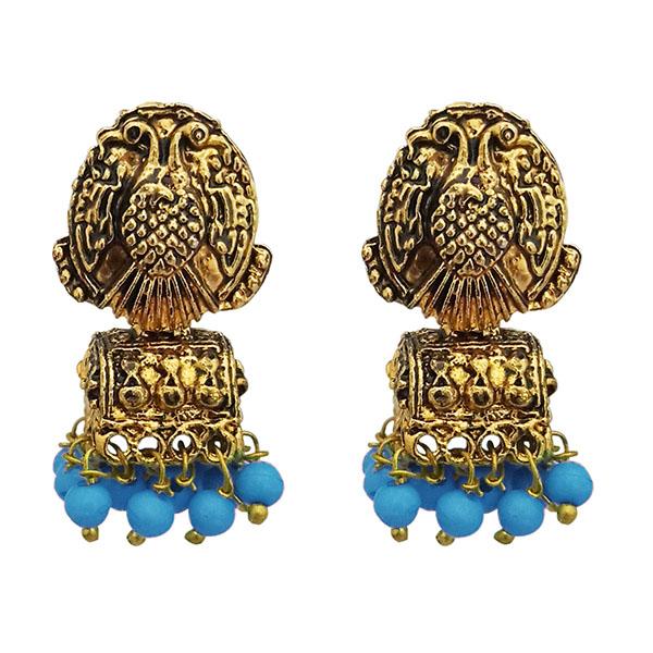 Kriaa Antique Gold Plated Beads Blue Jhumki Earrings - 1311526C