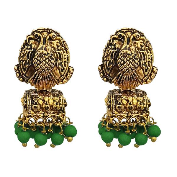 Kriaa Antique Gold Plated Beads Green Jhumki Earrings - 1311526D