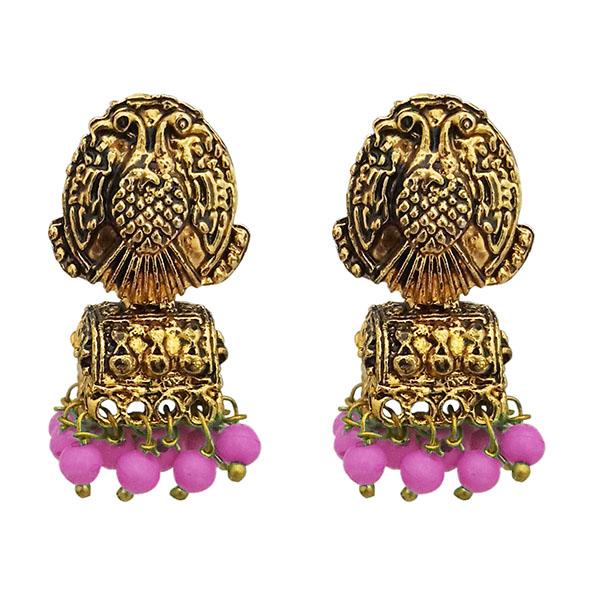 Kriaa Antique Gold Plated Pink Beads Jhumki Earrings - 1311526E