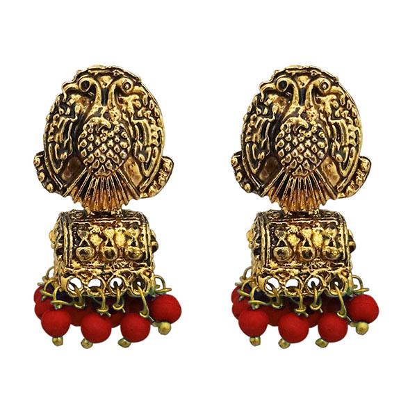 Kriaa Antique Gold Plated Maroon Beads Jhumki Earrings - 1311526G