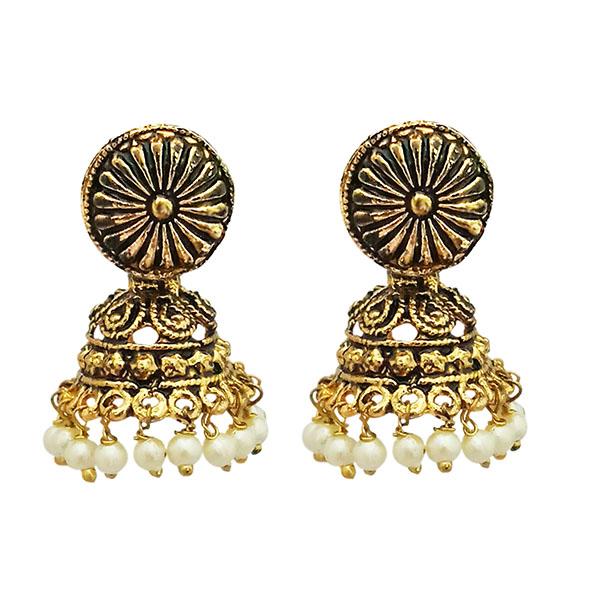 Kriaa Antique Gold Plated White Beads Jhumki Earrings - 1311527A