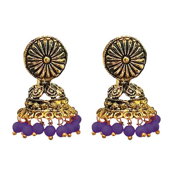 Kriaa Antique Gold Plated Purple Beads Jhumki Earrings - 1311527B