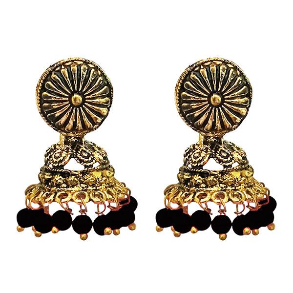 Kriaa Antique Gold Plated Black Beads Jhumki Earrings - 1311527C