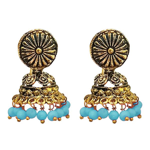 Kriaa Antique Gold Plated Blue Beads Jhumki Earrings - 1311527D