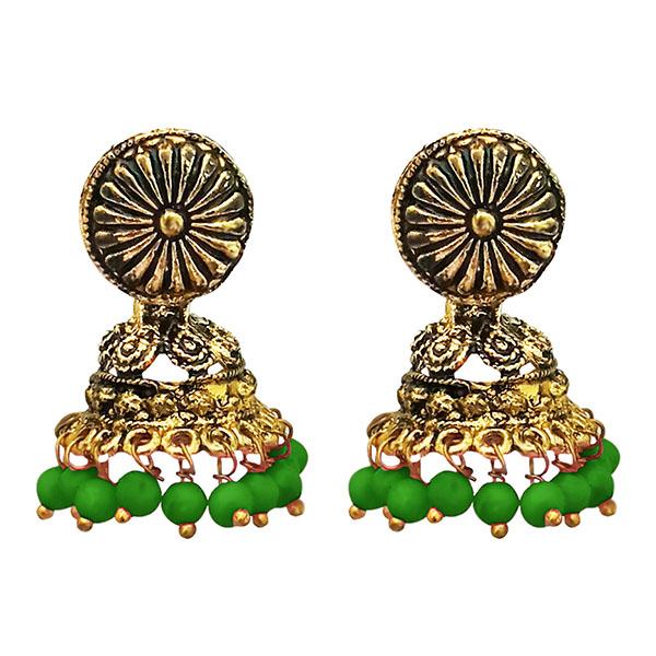 Kriaa Antique Gold Plated Green Beads Jhumki Earrings - 1311527E