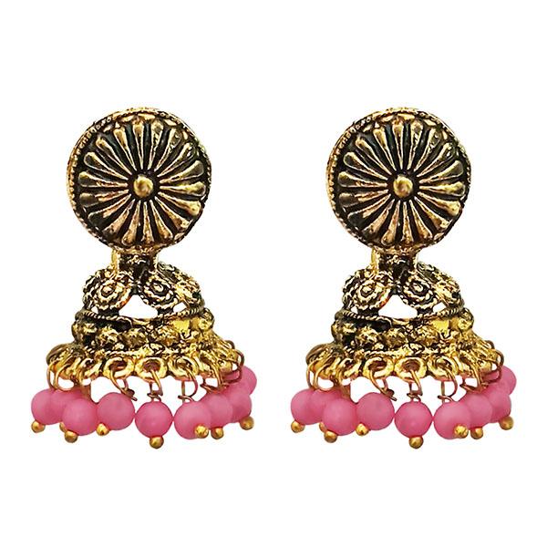 Kriaa Antique Gold Plated Pink Beads Jhumki Earrings - 1311527F