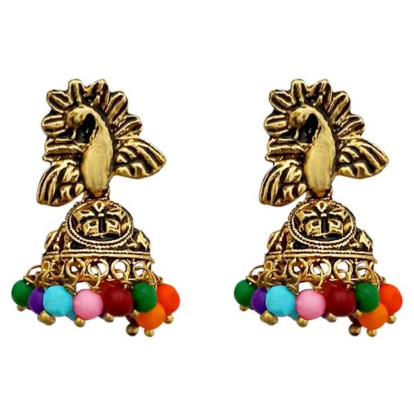 Kriaa Antique Gold Plated Beads Peacock Design Jhumki Earrings - 1311528A