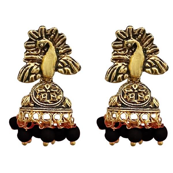 Kriaa Antique Gold Plated Beads Peacock Design Jhumki Earrings - 1311528F