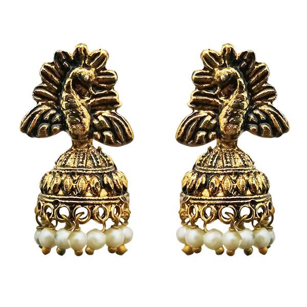 Kriaa Antique Gold Plated White Beads Jhumki Earrings - 1311528