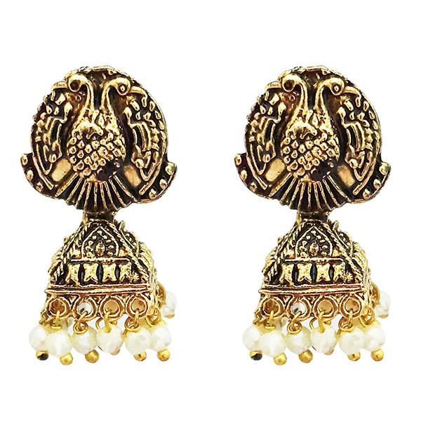 Kriaa Antique Gold Plated White Beads Jhumki Earrings - 1311529