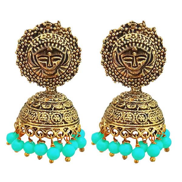 Kriaa Antique Gold Plated Blue Beads Jhumki Earrings - 1311530A