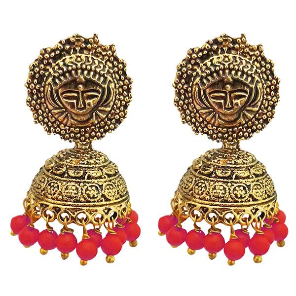 Kriaa Red Beads Antique Gold Plated Jhumki Earrings - 1311530B