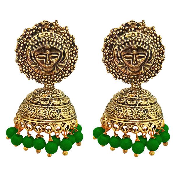 Kriaa Antique Gold Plated Green Beads Jhumki Earrings - 1311530C