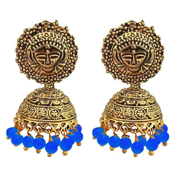 Kriaa Antique Gold Plated Blue Beads Jhumki Earrings - 1311530E