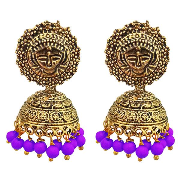 Kriaa Purple Beads Antique Gold Plated Jhumki Earrings - 1311530F