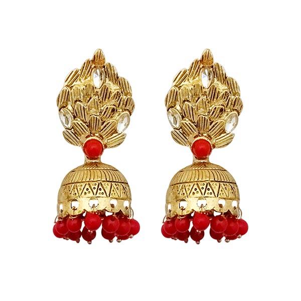 Kriaa Gold plated Red Beads Jhumki Earrings - 1311532A