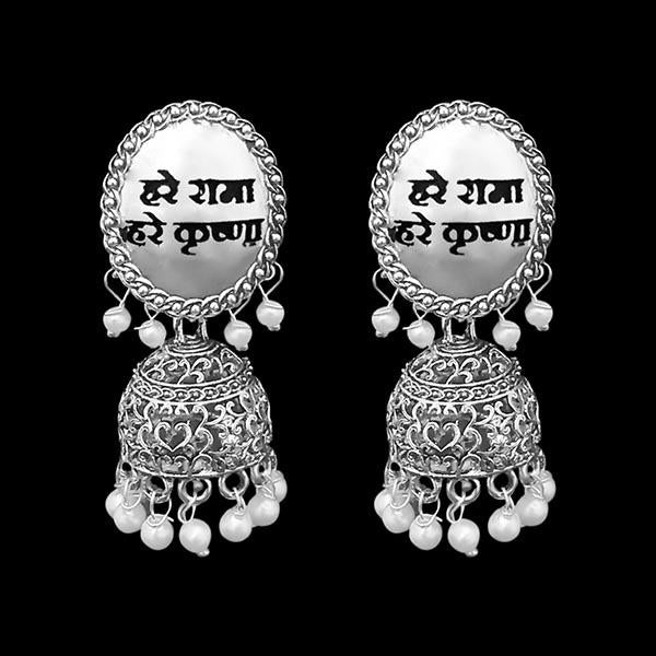 Kriaa Rhodium Plated White Beads Jhumki Earrings - 1311546