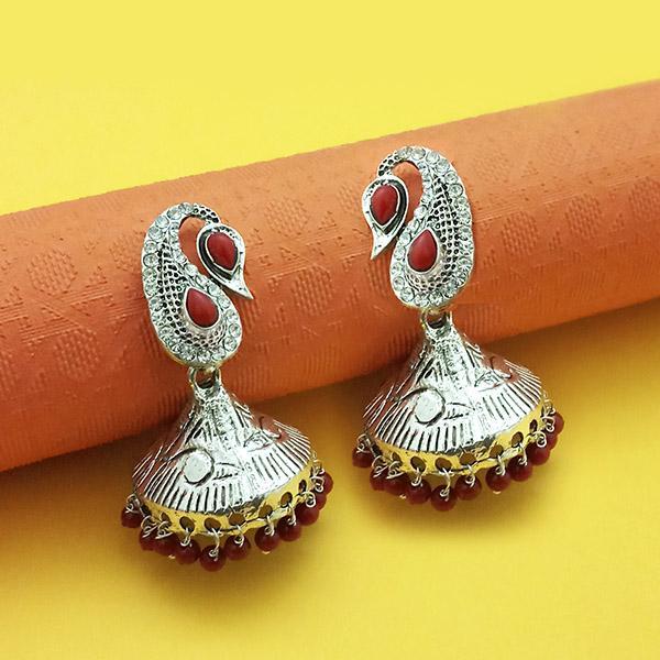 Kriaa Rhodium Plated Maroon Beads Jhumki - 1311554B