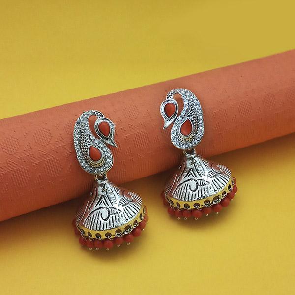 Kriaa Rhodium Plated Maroon Beads Jhumki - 1311554E