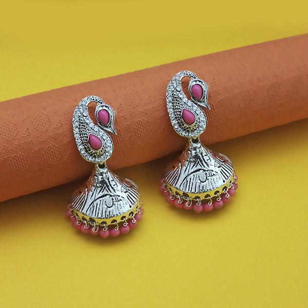 Kriaa Rhodium Plated Pink Beads Jhumki - 1311554F